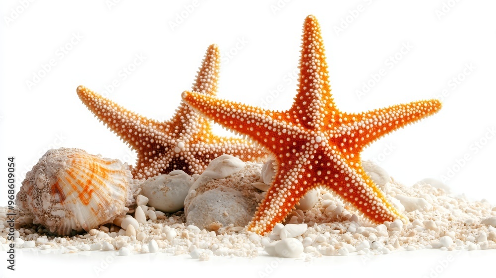 Orange Starfish and Seashell on White Sand Orange Starfish and Seashell on White Sand