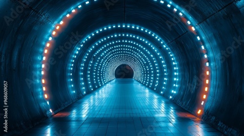 Steep underground tunnel lined with LED lights, giving a futuristic, sci-fi feel, futuristic tunnel lighting, smart city infrastructure