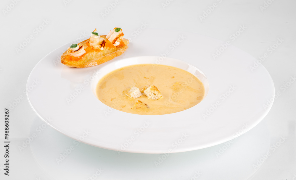 A bowl of creamy soup with croutons served in a white plate, accompanied by a slice of bread topped with cheese and herbs on the side. A bowl of creamy soup with croutons served in a white plate, accompanied by a slice of bread topped with cheese and herbs on the side.