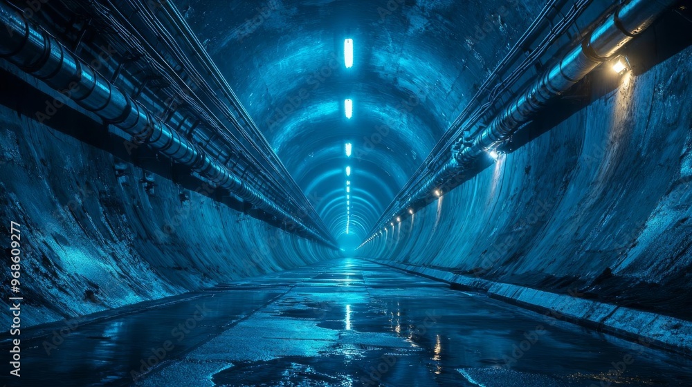 Underground tunnel flooded with soft blue lighting, complex network of ...