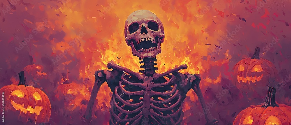 A spooky Halloween scene featuring a skeleton in front of glowing pumpkins and a fiery background, perfect for festive themes. A spooky Halloween scene featuring a skeleton in front of glowing pumpkins and a fiery background, perfect for festive themes.