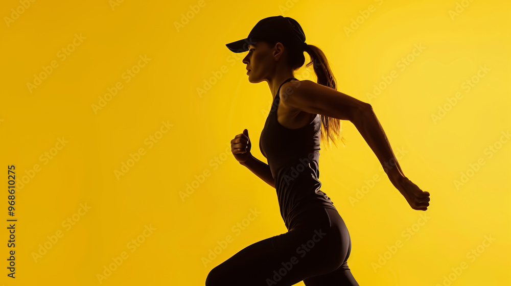 Sporty woman runner in silhouette on a yellow background. Photo of an attractive woman in fashionable sportswear. Dynamic movement. Side view. Sport and healthy lifestyle. Sporty woman runner in silhouette on a yellow background. Photo of an attractive woman in fashionable sportswear. Dynamic movement. Side view. Sport and healthy lifestyle.