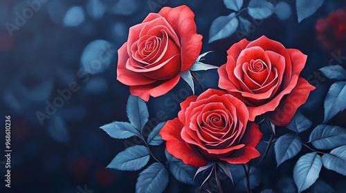 Beautiful close-up of three red roses with dark green leaves against a soft blue background, perfect for romantic or floral themes.
