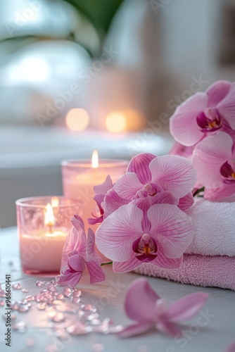 Peaceful Spa Environment with Orchid Flowers and Towels on a blurred background