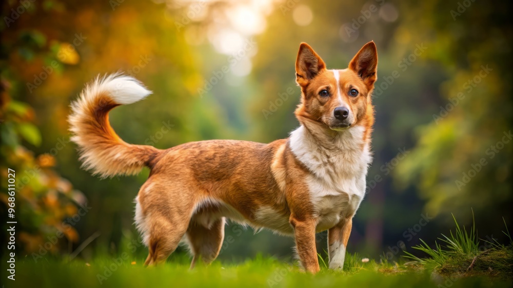 This Australian cattle dog mix dog stands tall, its vibrant tri-colored coat and curly tail a striking combination This Australian cattle dog mix dog stands tall, its vibrant tri-colored coat and curly tail a striking combination