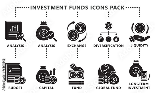 Investment Funds glyph icon set, contain analysis, budget, capital, exchange, fund, liquidity and more. vector EPS 10. use for UI, UX, app and web development. for financial and business theme.