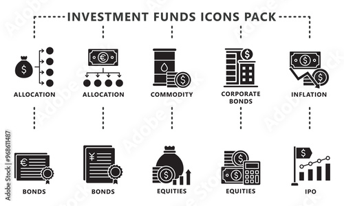 Investment Funds glyph icon set, contain exchange, allocation, bonds, commodity, inflation, equities and more. vector EPS 10. use for UI, UX, app and web development. for financial and business theme.