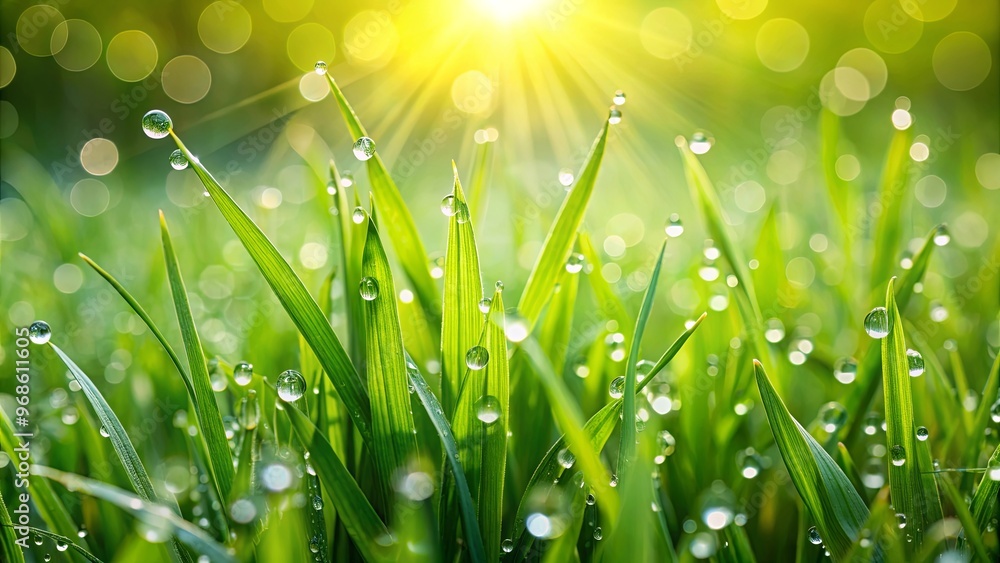 Fototapeta premium Closeup view of fresh green grass with raindrops on a sunny day