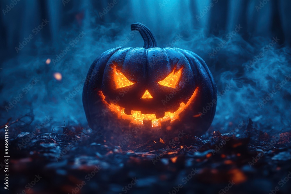 Halloween pumpkin in the background with a fuzzy Enchanted Forest Halloween pumpkin in the background with a fuzzy Enchanted Forest