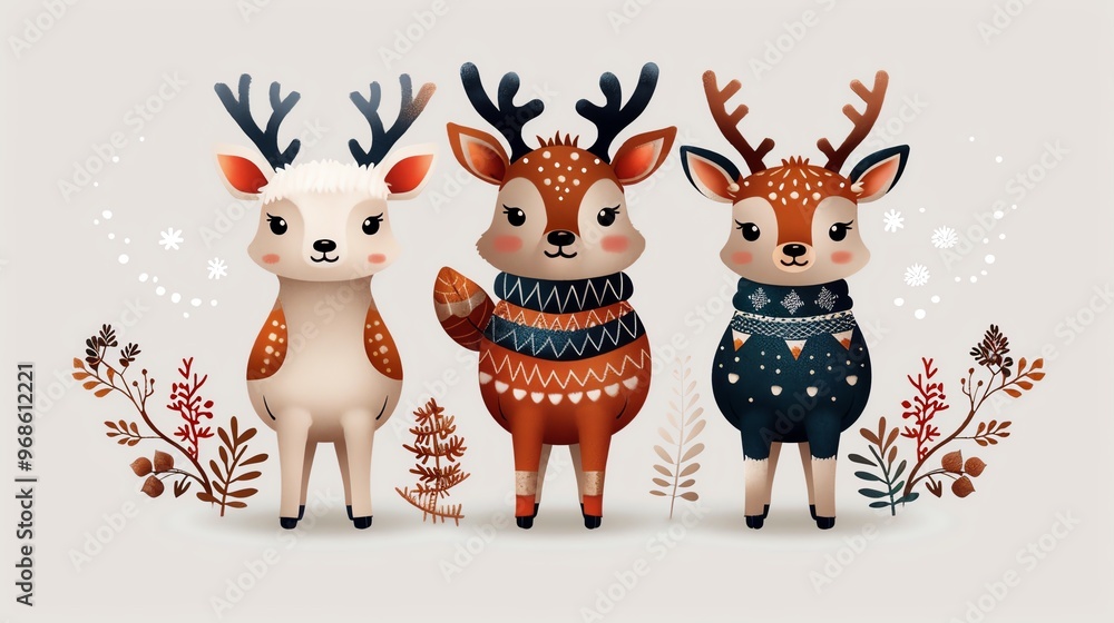 Charming cartoon deer trio with colorful sweaters, surrounded by whimsical foliage in a playful and festive design. Charming cartoon deer trio with colorful sweaters, surrounded by whimsical foliage in a playful and festive design.