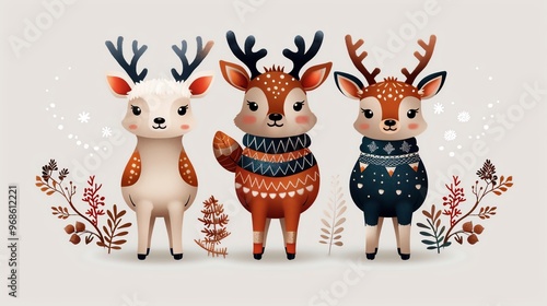 Charming cartoon deer trio with colorful sweaters, surrounded by whimsical foliage in a playful and festive design. photo