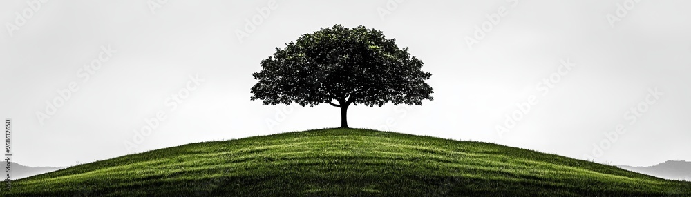 Serene, black and white photograph of a solitary tree on a foggy hillside, minimalist, visual tranquility Serene, black and white photograph of a solitary tree on a foggy hillside, minimalist, visual tranquility