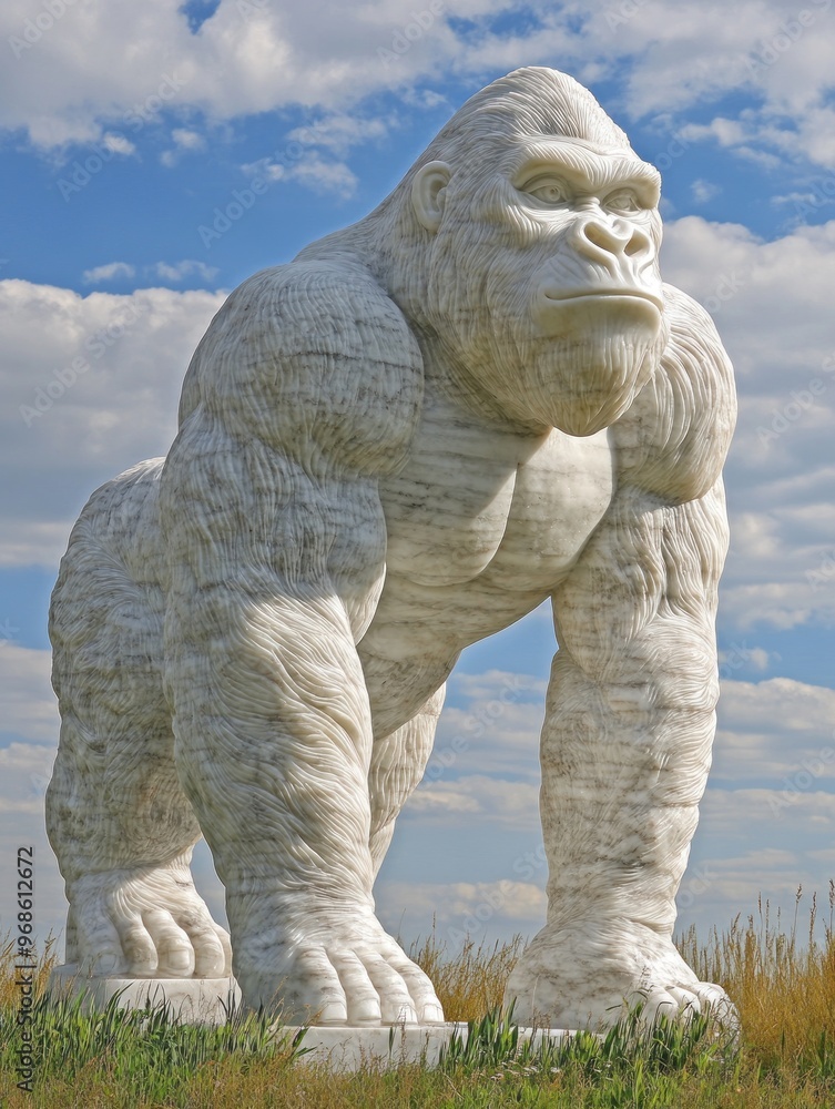 A large white sculpture of a gorilla stands against a blue sky with clouds. A large white sculpture of a gorilla stands against a blue sky with clouds.
