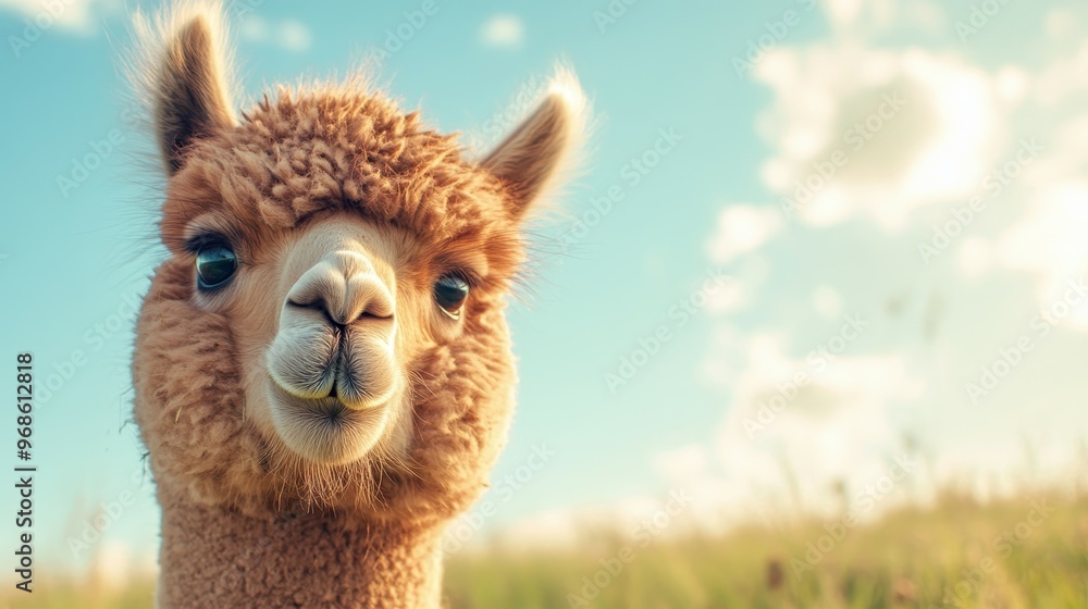 Obraz premium A close-up of a curious alpaca in a sunny field.