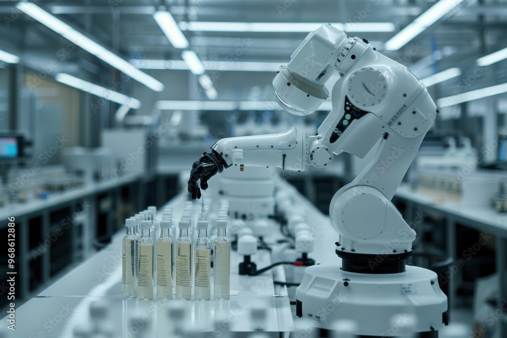 A robot is working in a factory, assembling bottles A robot is working in a factory, assembling bottles