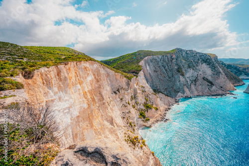 Plakaki beach on Zakynthos island or Zante Island, Greece. Beautiful views of azure sea water and nature with cliffs cave photo