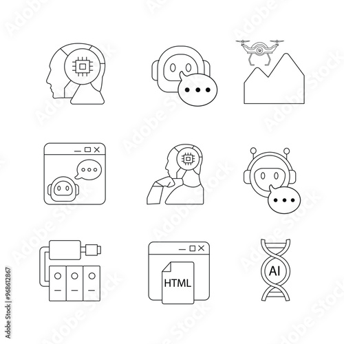 Vector icon set for AI communication and drone technology. Depicts AI chatbots, HTML files, drone controls, and AI processors. Clean line design in blue and white for automation.