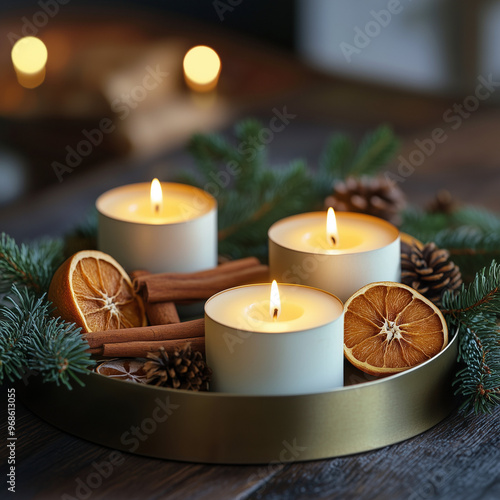 Solstice candles on a rustic table, Decorated with dried oranges, cinnamon sticks, and pine branches