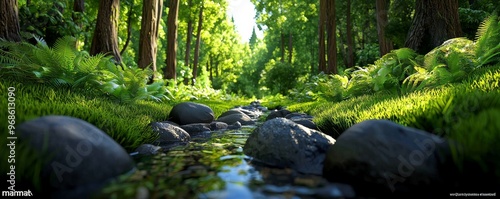 Serene, peaceful forest scene with towering trees, dappled sunlight, and a babbling brook, realistic, nature's tranquility