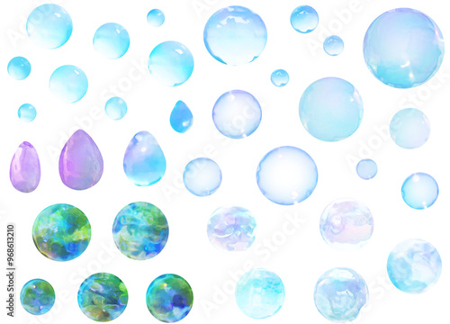 キラキライラスト素材セット（水滴、シャボン玉、ビー玉）