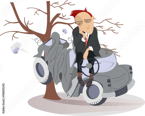 Car accident. Car smashed into a tree. 
Sad man sits on the crashed car smashed into a tree. Isolated on white background
