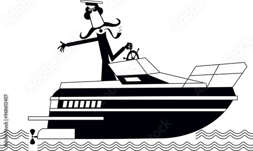 Cartoon captain with a pipe rides a boat. 
The ship. Brave captain rides a boat and smokes a pipe. Black and white illustration
