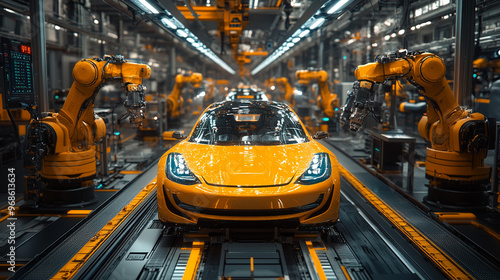 A modern manufacturing facility featuring a yellow car surrounded by advanced robotic machines and automated production lines.