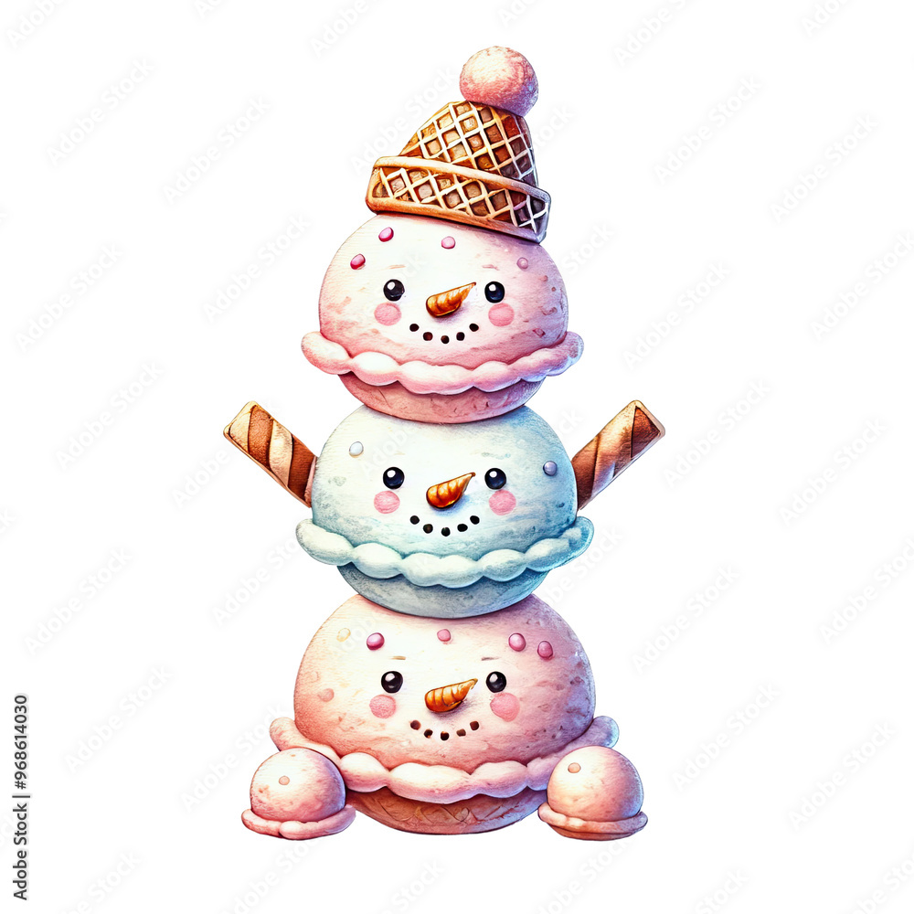 A whimsical snowman built from colorful ice cream scoops, perfect for festive and holiday-themed celebrations. A whimsical snowman built from colorful ice cream scoops, perfect for festive and holiday-themed celebrations.