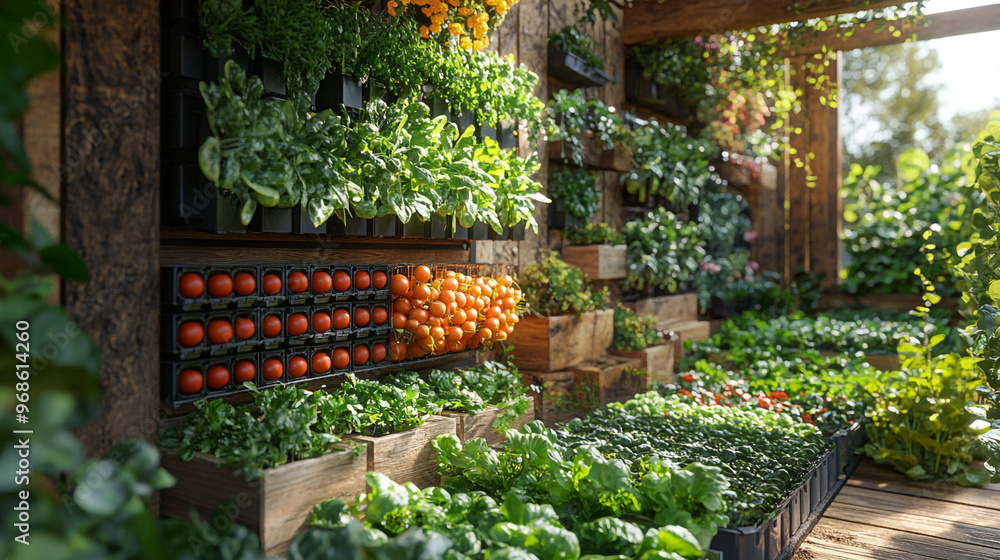 A vibrant display of fresh vegetables and herbs in a rustic market, showcasing the beauty of organic farming and healthy eating.