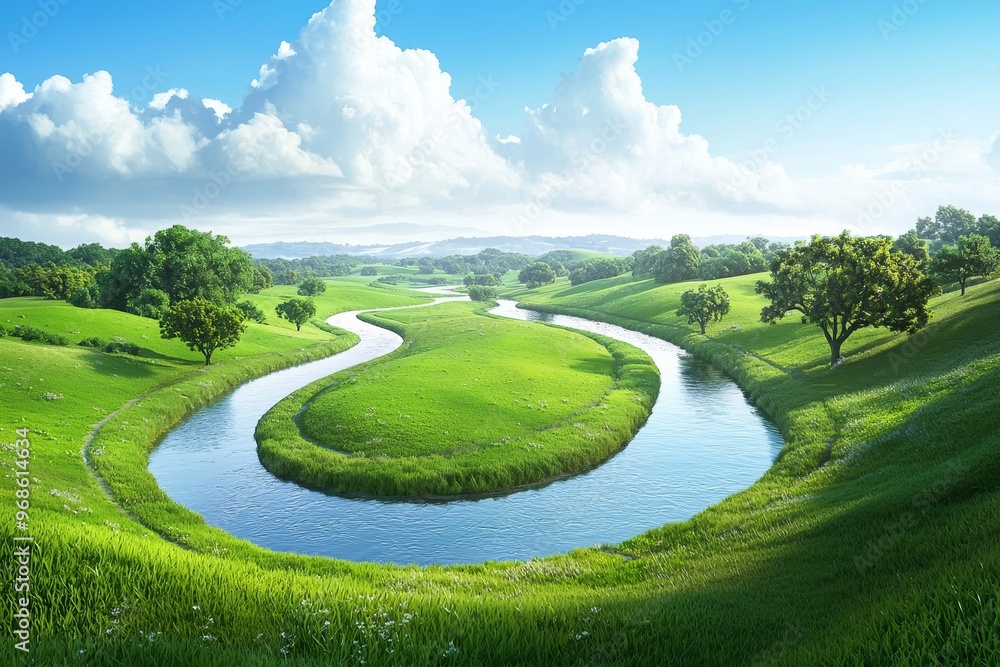 Naklejka premium Tranquil, picturesque countryside with rolling hills and a winding river, photorealistic, idyllic