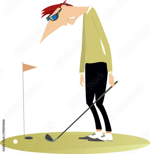 Golf course. Golfer man and problem to make a good shot.
Bad shot. Golfer man upset to miss a hole
