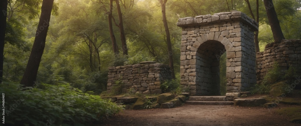 Naklejka premium Ancient Stone Tower Entrance in a Lush Forest.