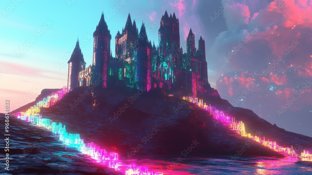 Obraz premium A castle with a rainbow colored path leading up to it