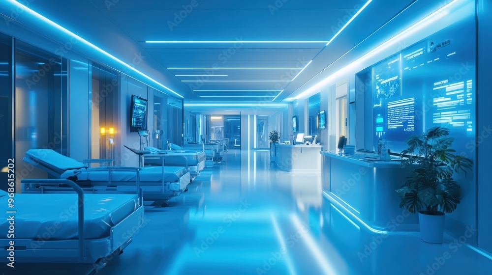 A hospital room with a blue ceiling and white walls A hospital room with a blue ceiling and white walls