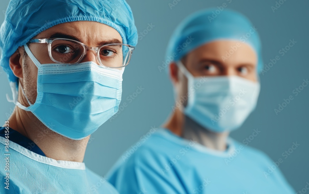 Close-up of focused surgeons in blue scrubs, intense concentration, masks on, operating under soft surgical lighting Close-up of focused surgeons in blue scrubs, intense concentration, masks on, operating under soft surgical lighting