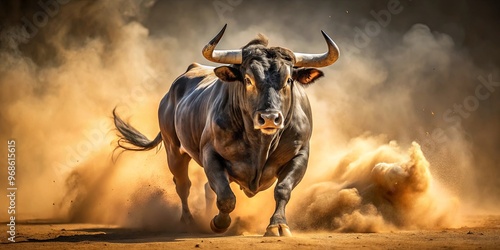 A bull running through the dust with eyes wide open, head in mouth photo