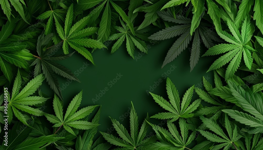 Dense arrangement of cannabis leaves in varying shades of green, natural and vibrant, showcasing plant life Dense arrangement of cannabis leaves in varying shades of green, natural and vibrant, showcasing plant life