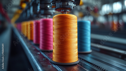 Colorful spools of thread arranged in a factory, showcasing vibrant hues ready for textile production and creative sewing projects. photo