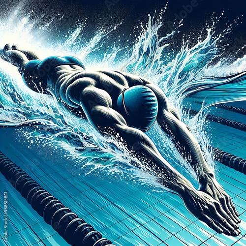 Swimmer diving into the water with intense energy and splash effect

