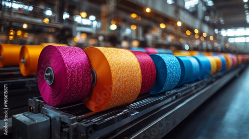 Colorful spools of thread arranged in a textile factory, showcasing vibrant hues and intricate textures for creative projects. photo