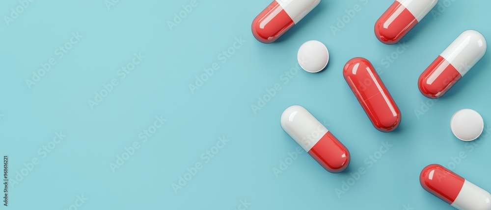 Floating capsules with soft shadows, high-detail medical theme, 3D illustration Floating capsules with soft shadows, high-detail medical theme, 3D illustration