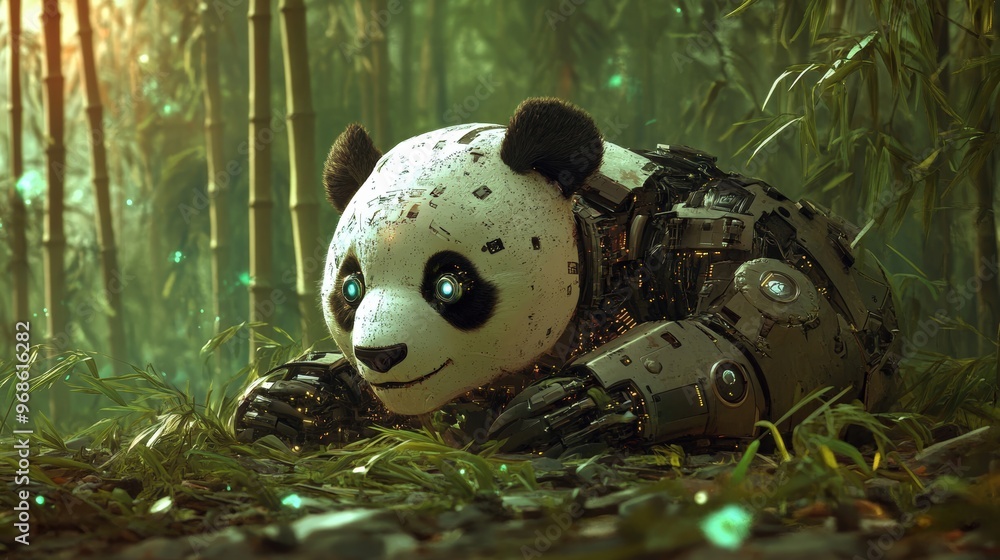 A panda robot is laying in the grass A panda robot is laying in the grass
