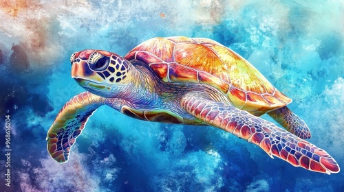 Large sea turtle swimming gracefully in clear blue waters, captured in a colorful watercolor painting style.