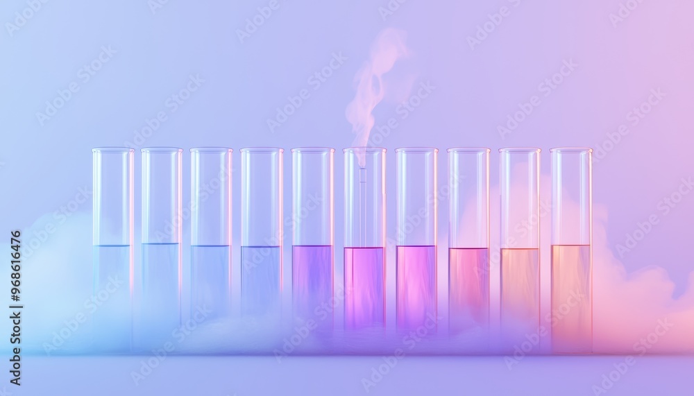 Glass test tubes lined up in a glowing futuristic laboratory, each filled with vibrant colored chemicals, steam and mist rising, with soft blue and purple lighting creating a calming mood Glass test tubes lined up in a glowing futuristic laboratory, each filled with vibrant colored chemicals, steam and mist rising, with soft blue and purple lighting creating a calming mood