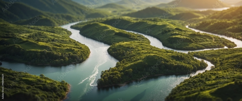 Aerial View of a River Winding Through Lush Green Hills. Aerial View of a River Winding Through Lush Green Hills.