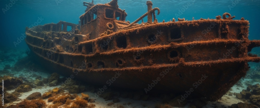 amazing rusty sunken ship under the sea in the depths. amazing rusty sunken ship under the sea in the depths.