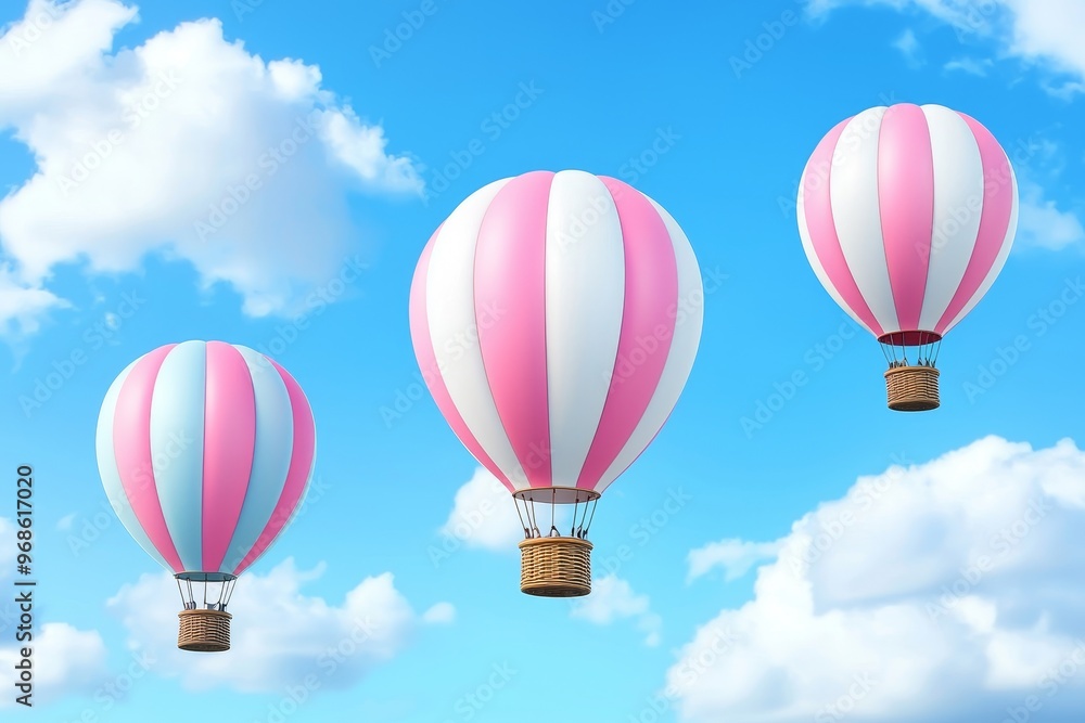 Naklejka premium Whimsical, colorful hot air balloons floating in the sky, photorealistic, dreamlike
