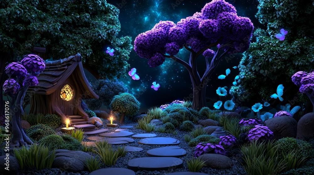 Obraz premium Whimsical, enchanting illustration of a magical forest with talking animals and hidden treasures, clipart, imaginative