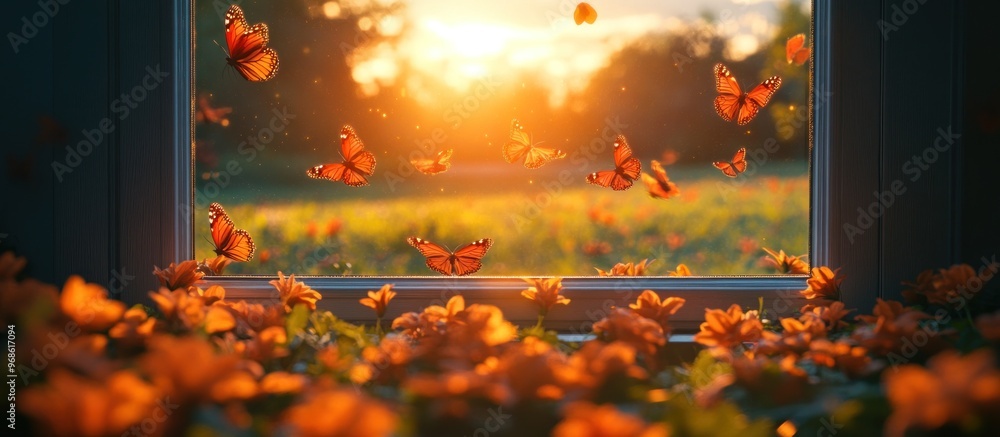 Sunset Window with Butterflies Sunset Window with Butterflies