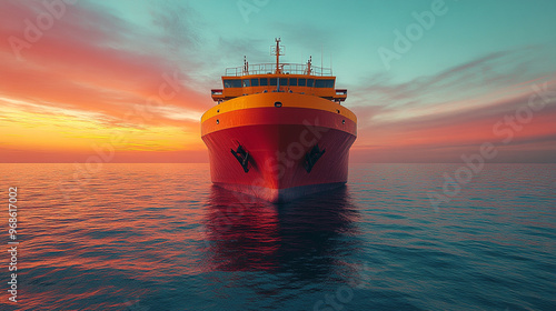 Majestic ship sailing on calm waters during a vibrant sunset, showcasing rich colors and a serene atmosphere.